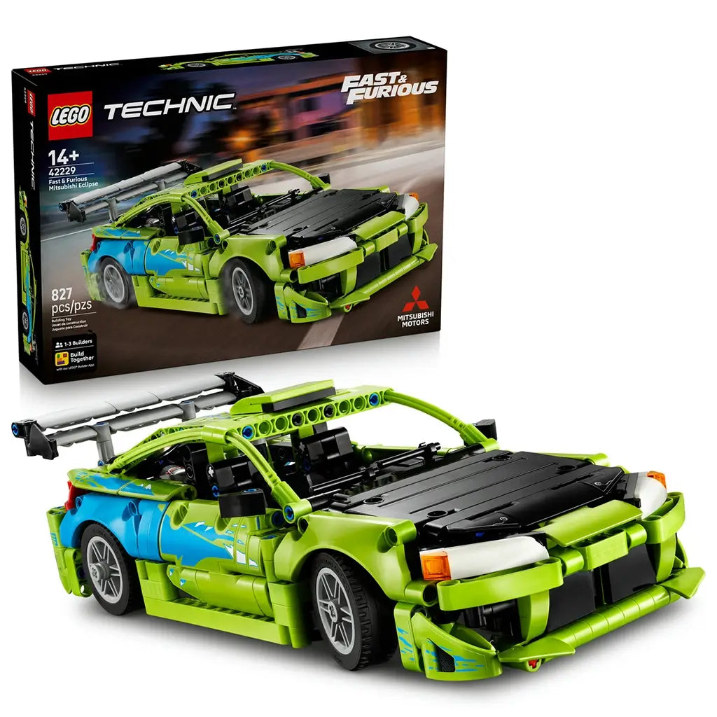 LEGO Technic Mitsubishi Eclipse in lime green and blue plastic bricks with black hood and rear wing, displayed with the Fast & Furious 42229 retail box on white.