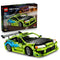 LEGO Technic Mitsubishi Eclipse in lime green and blue plastic bricks with black hood and rear wing, displayed with the Fast & Furious 42229 retail box on white.
