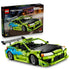 LEGO Technic Mitsubishi Eclipse in lime green and blue plastic bricks with black hood and rear wing, displayed with the Fast & Furious 42229 retail box on white.