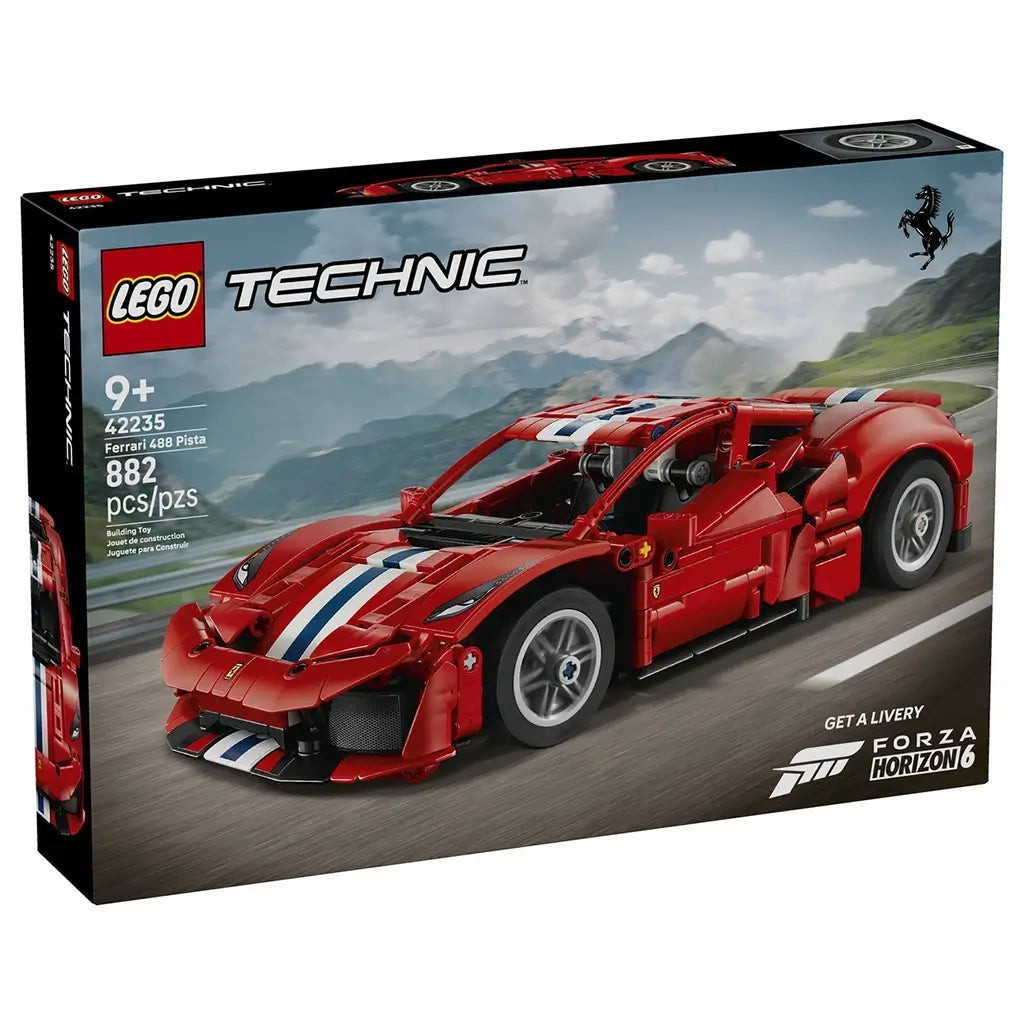 LEGO Technic Ferrari 488 Pista box in black cardboard shows the red 882-piece sports car with white and blue racing stripes driving along a mountain road scene.