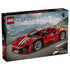 LEGO Technic Ferrari 488 Pista box in black cardboard shows the red 882-piece sports car with white and blue racing stripes driving along a mountain road scene.