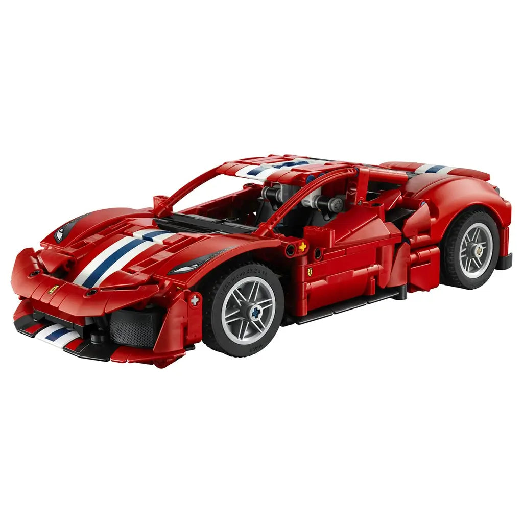 LEGO Technic Ferrari 488 Pista model in red plastic with white and blue racing stripes, a low sports car shape, silver wheels and black trim, displayed on white.