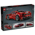 LEGO Technic Ferrari 488 Pista box back in dark gray cardboard shows the red sports car from the rear, plus images of its working features and real Ferrari references.