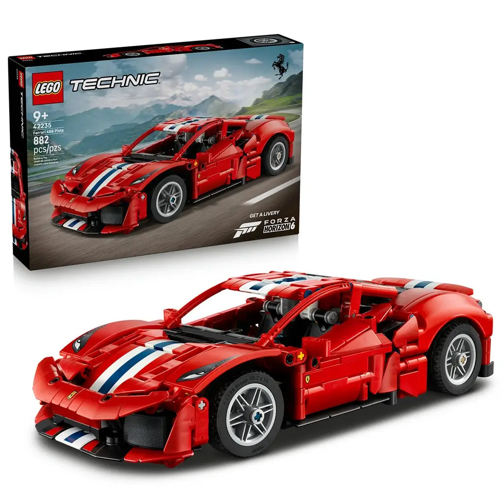 LEGO Technic Ferrari 488 Pista set shows a red plastic sports car with white and blue racing stripes and silver wheels displayed in front of its retail box on white.