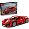 LEGO Technic Ferrari 488 Pista set shows a red plastic sports car with white and blue racing stripes and silver wheels displayed in front of its retail box on white.