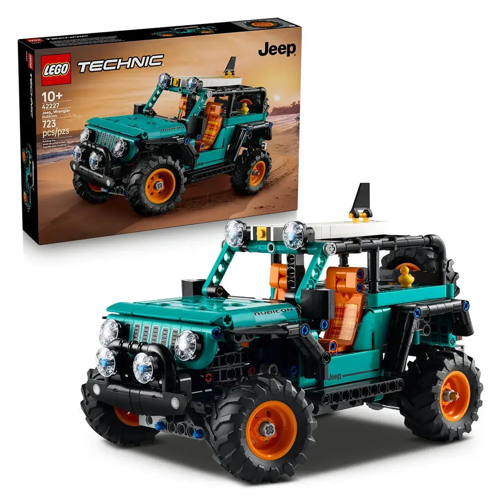 LEGO Technic Jeep Wrangler Rubicon set includes teal and black SUV model with large textured tires and orange accents, paired with branded packaging box, arranged for retail display on a clean white background.