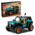 LEGO Technic Jeep Wrangler Rubicon set includes teal and black SUV model with large textured tires and orange accents, paired with branded packaging box, arranged for retail display on a clean white background.