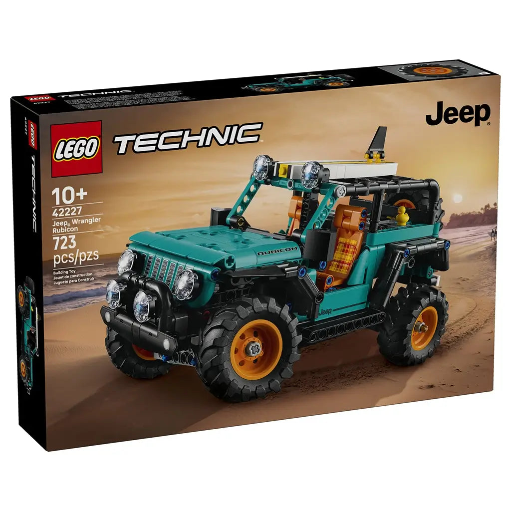 LEGO Technic Jeep Wrangler Rubicon set features a teal and black plastic off road SUV with rugged textured tires, orange rims, and detailed mechanical frame, designed as a realistic vehicle model, shown on branded retail packaging with desert background.