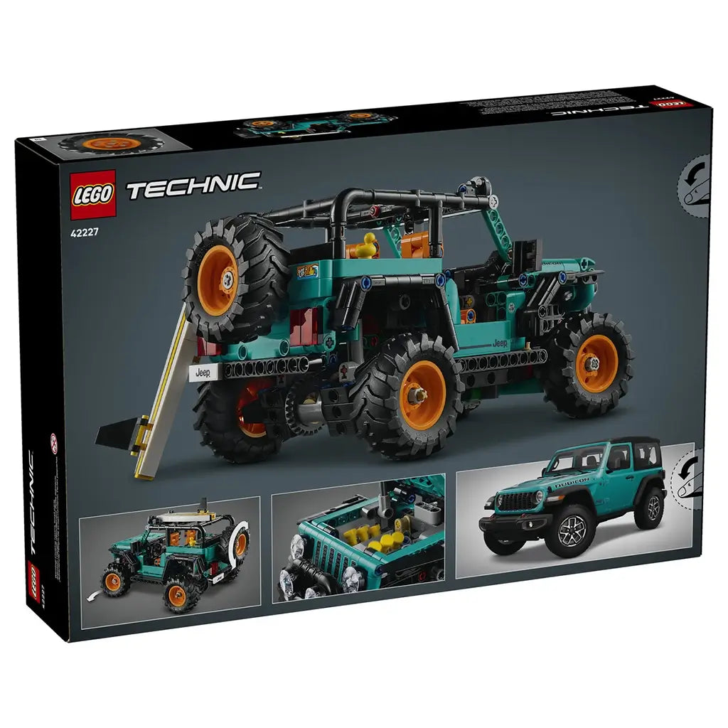 LEGO Technic Jeep Wrangler Rubicon box back shows black and gray packaging with teal vehicle model, textured tires, and functional details like suspension and steering, highlighting build features and real Jeep comparison images in a studio setting.
