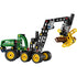 LEGO Technic John Deere 1470H Wheeled Harvester features green plastic body panels, yellow wheels, black articulated crane arm, rotating log grabber, and rugged forestry vehicle design displayed on a clean white background.