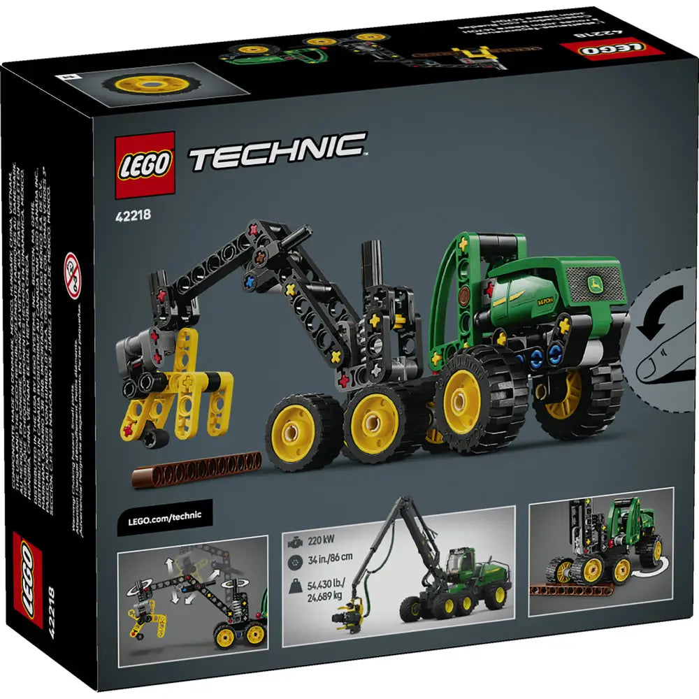 LEGO Technic John Deere 1470H Wheeled Harvester box back shows build stages, crane articulation details, play features, dimensions, and visual callouts explaining realistic forestry functions and construction steps.