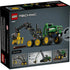 LEGO Technic John Deere 1470H Wheeled Harvester box back shows build stages, crane articulation details, play features, dimensions, and visual callouts explaining realistic forestry functions and construction steps.
