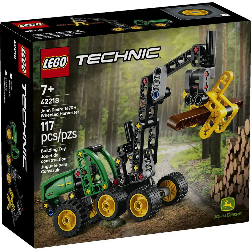 LEGO Technic John Deere 1470H Wheeled Harvester box front displays forest-themed packaging with the green and yellow harvester, set number 42218, age 7+, piece count, and articulated crane features clearly shown.
