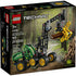 LEGO Technic John Deere 1470H Wheeled Harvester box front displays forest-themed packaging with the green and yellow harvester, set number 42218, age 7+, piece count, and articulated crane features clearly shown.