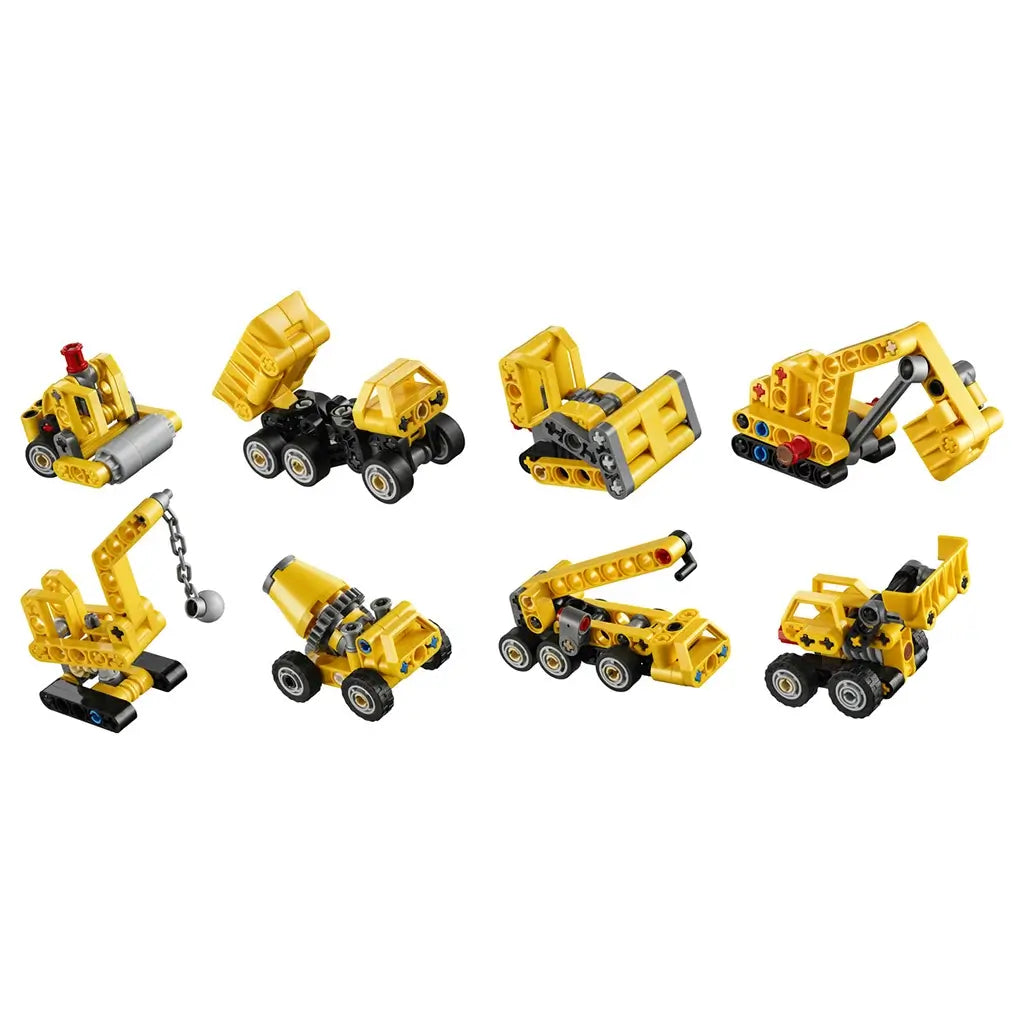 LEGO Technic Mighty Machines collection shows eight small yellow plastic construction vehicles, including a crane, excavator, bulldozer and dump truck, on white.