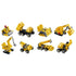 LEGO Technic Mighty Machines collection shows eight small yellow plastic construction vehicles, including a crane, excavator, bulldozer and dump truck, on white.