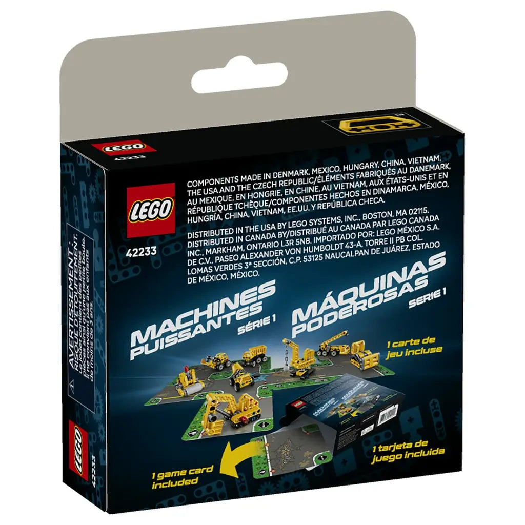 LEGO Technic Mighty Machines package back in dark blue cardboard shows eight yellow construction vehicles on game cards and explains that one game card is included.