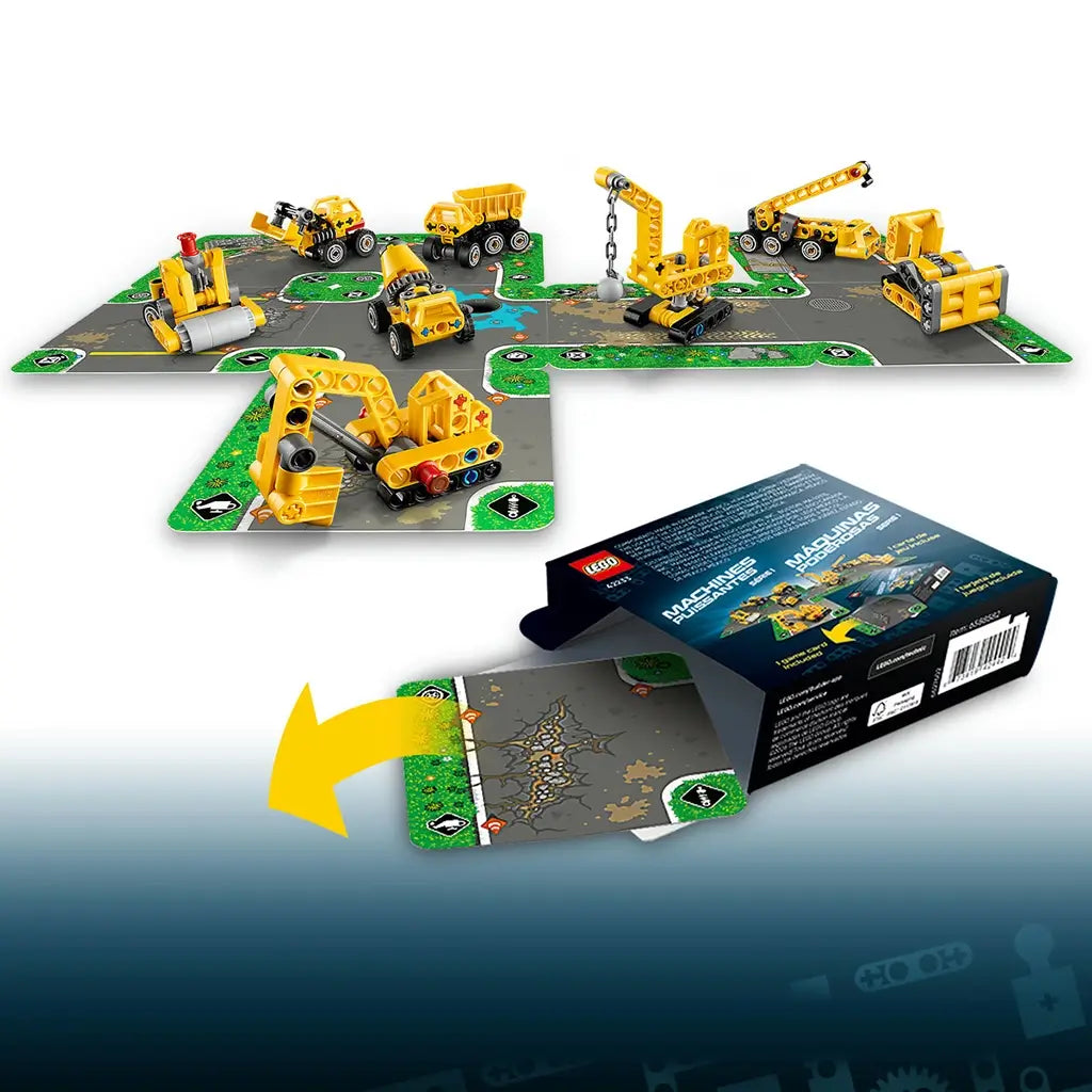 LEGO Technic Mighty Machines in yellow plastic are arranged on illustrated road game cards, with eight construction vehicles and packaging shown on a white background.