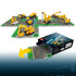 LEGO Technic Mighty Machines in yellow plastic are arranged on illustrated road game cards, with eight construction vehicles and packaging shown on a white background.