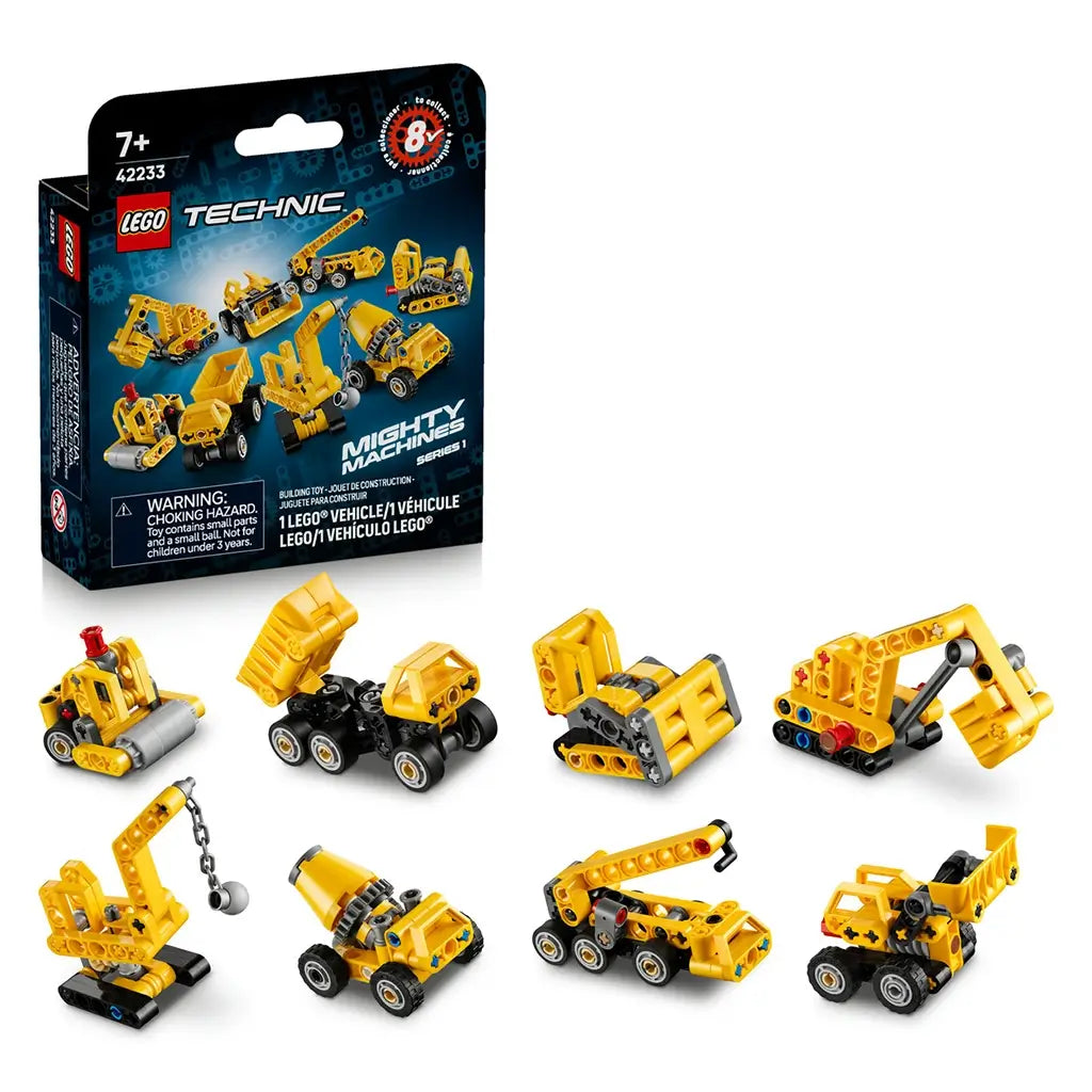 LEGO Technic Mighty Machines set features eight yellow plastic construction vehicles, including a crane, excavator, bulldozer and dump truck, displayed with the box.