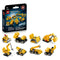 LEGO Technic Mighty Machines set features eight yellow plastic construction vehicles, including a crane, excavator, bulldozer and dump truck, displayed with the box.