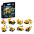 LEGO Technic Mighty Machines set features eight yellow plastic construction vehicles, including a crane, excavator, bulldozer and dump truck, displayed with the box.