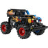 LEGO Technic Monster Jam Grave Digger truck features black plastic panels with green and orange flame graphics, skull decals, oversized black tires, red rims, pull-back motor, and rugged monster truck stance on a white background.