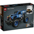 LEGO Technic Monster Jam Grave Digger box back shows build stages, pull-back motor details, alternate views, size measurements, and feature callouts explaining play functions and construction steps.