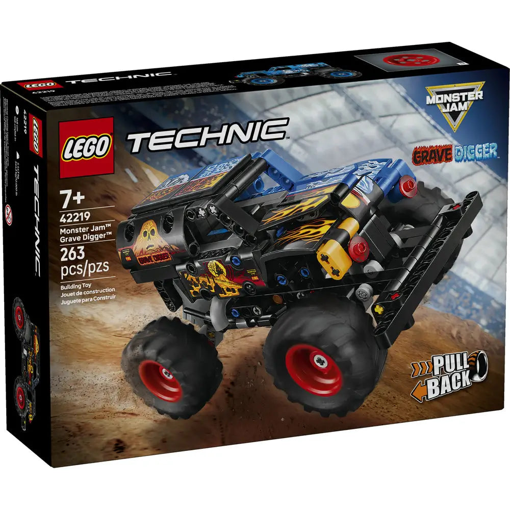 LEGO Technic Monster Jam Grave Digger box front displays stadium-themed packaging with the iconic black and green monster truck, set number 42219, age 7+, piece count, and pull-back action clearly highlighted.