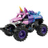 LEGO Technic Monster Jam Sparkle Smash truck features pink, purple, and blue plastic panels with unicorn horn, star graphics, oversized black tires, purple rims, pull-back motor, and monster truck stance on a white background.
