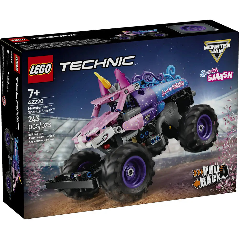 LEGO Technic Monster Jam Sparkle Smash box front displays dark stadium-style packaging with the unicorn-themed monster truck, set number 42220, age 7+, piece count, and pull-back action highlighted.