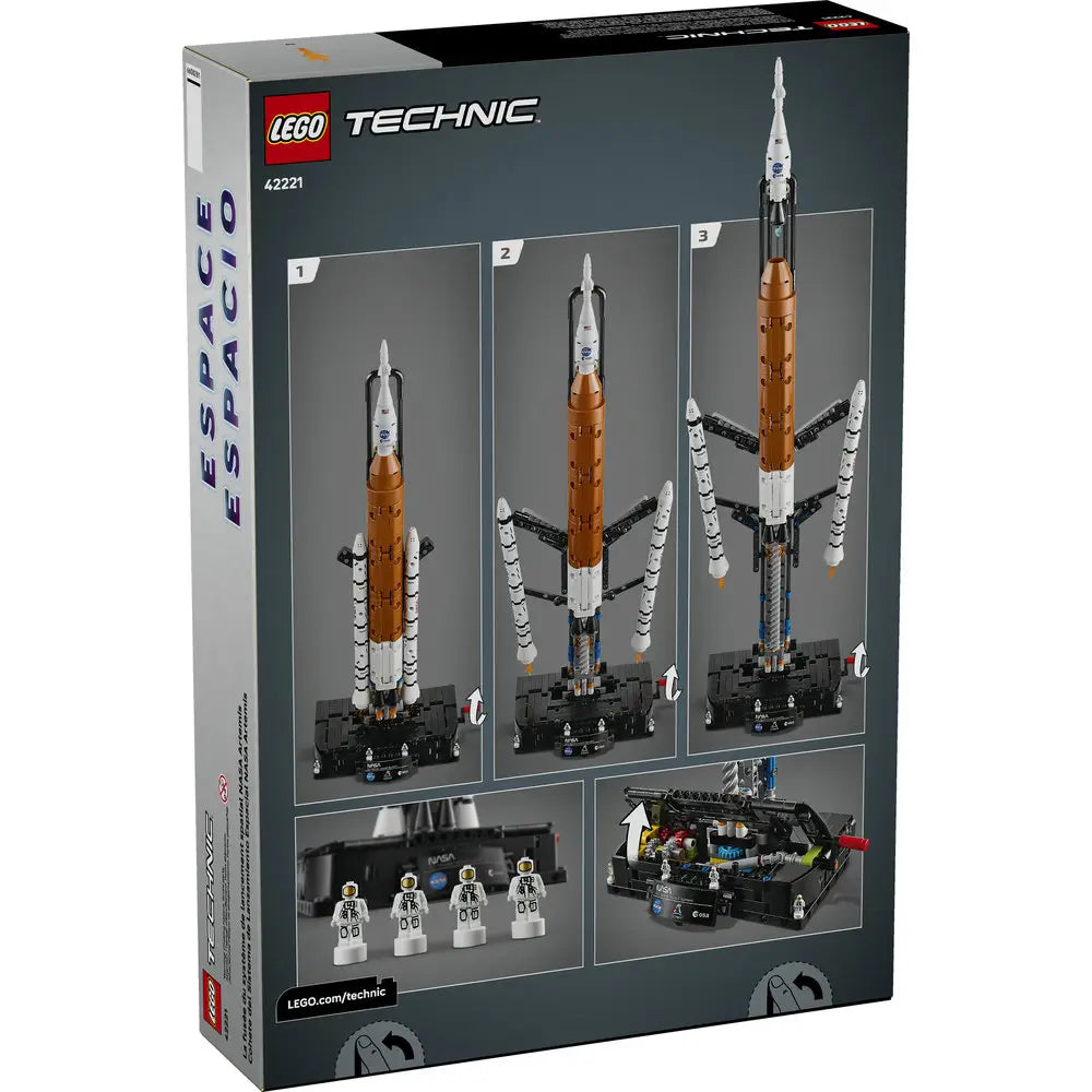 LEGO Technic NASA Artemis Space Launch System box back shows multiple build stages, deployable launch features, astronaut microfigures, internal mechanisms, and reference images explaining play and display functions.