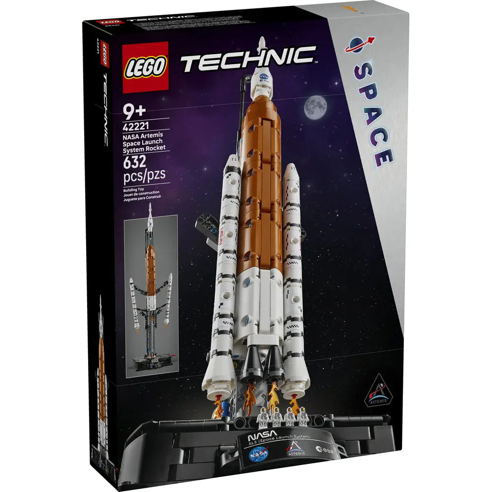 LEGO Technic NASA Artemis Space Launch System box front displays dark space-themed packaging with the full SLS rocket, NASA branding, set number 42221, age 9+, and 632 piece count prominently shown.