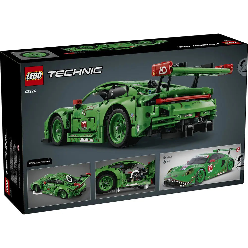 LEGO Technic Porsche 911 GT3 R box back shows dark packaging with rear and side views of the green race car, feature callouts, internal mechanism details, and multiple build-stage images.