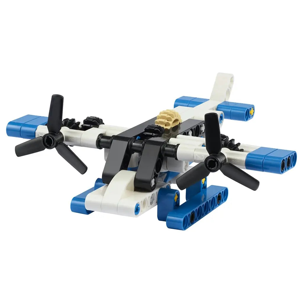 LEGO Technic white seaplane model features a white and blue plastic aircraft with black propellers, slim body, and float pontoons, representing a compact water plane design, isolated on a clean white background for clear product display.