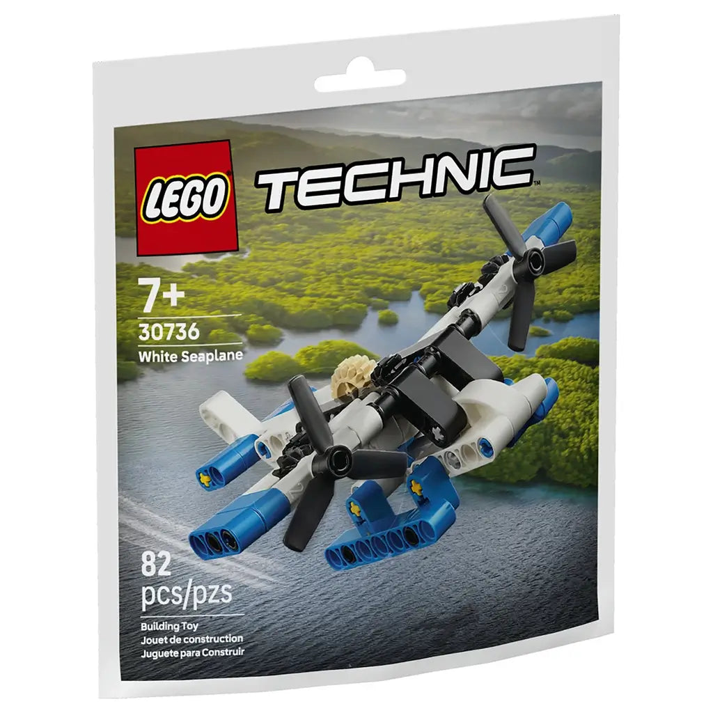 LEGO Technic white seaplane set features a white and blue plastic aircraft with black propellers, compact streamlined body, and float landing gear, designed as a small water plane model, shown on branded packaging with scenic aerial landscape background.