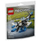 LEGO Technic white seaplane set features a white and blue plastic aircraft with black propellers, compact streamlined body, and float landing gear, designed as a small water plane model, shown on branded packaging with scenic aerial landscape background.