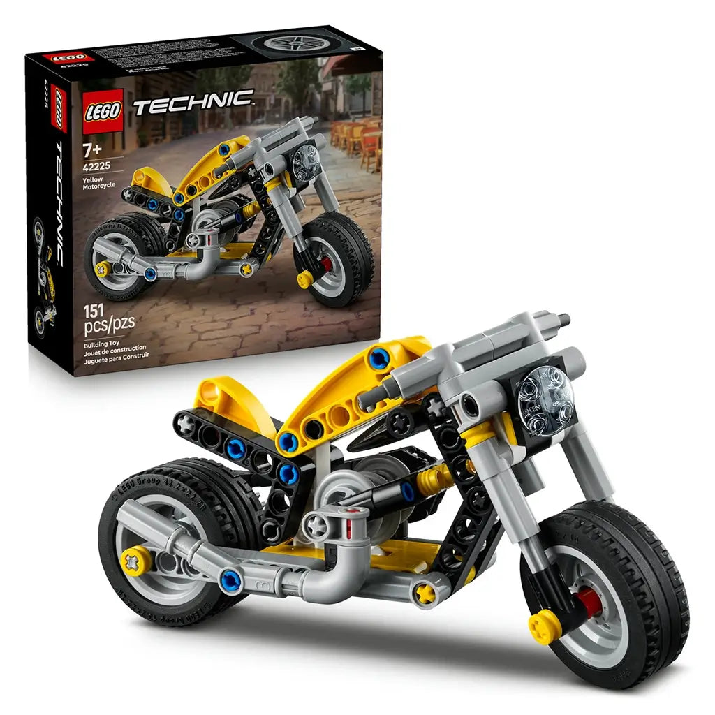 LEGO Technic yellow motorcycle set includes a bright yellow and gray plastic bike with black frame and rubber tires, paired with branded retail box, arranged on a clean white background for product presentation.