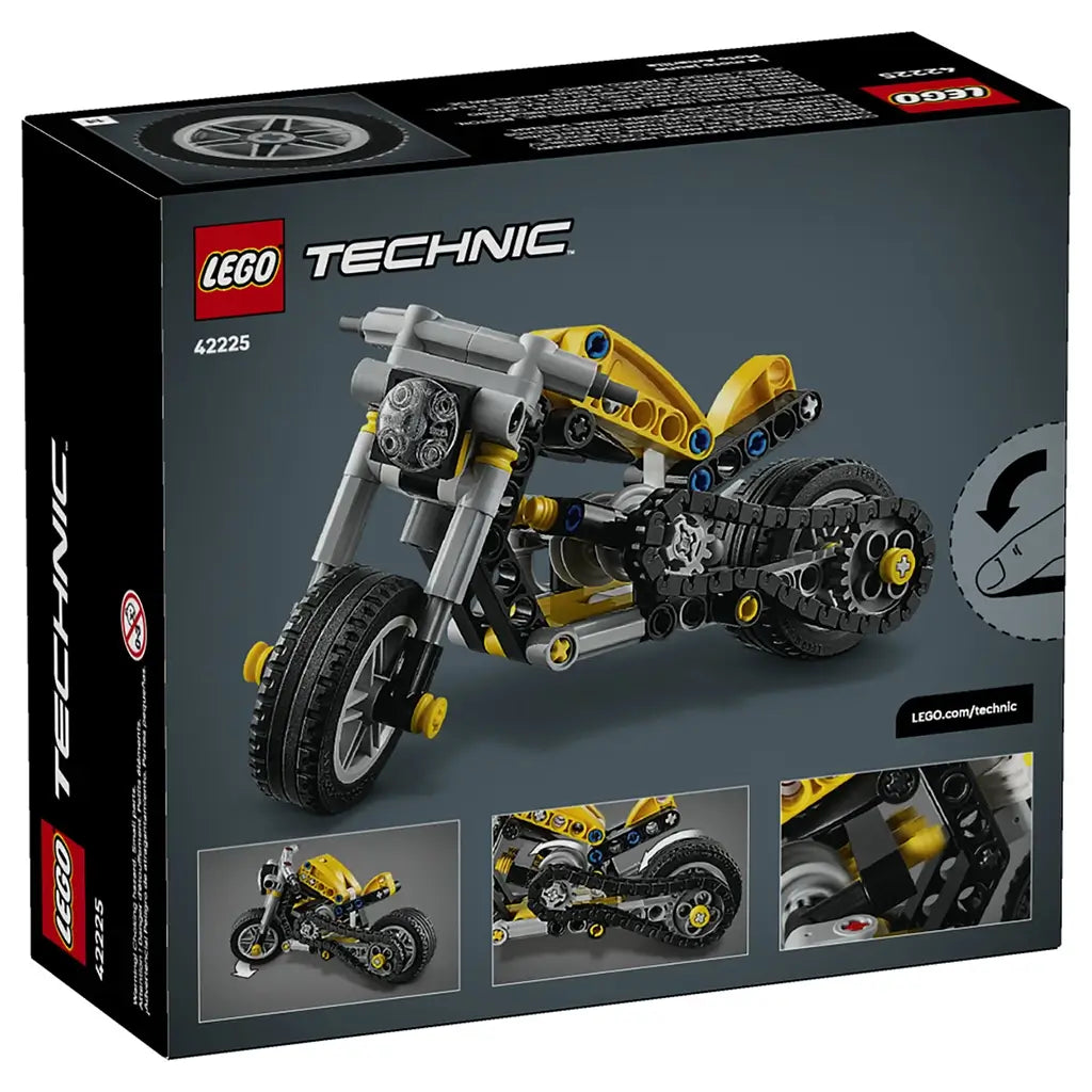 LEGO Technic yellow motorcycle box back displays gray packaging with the yellow and black bike model, highlighting mechanical details, chain drive, and build features with close-up views in a clean studio layout.