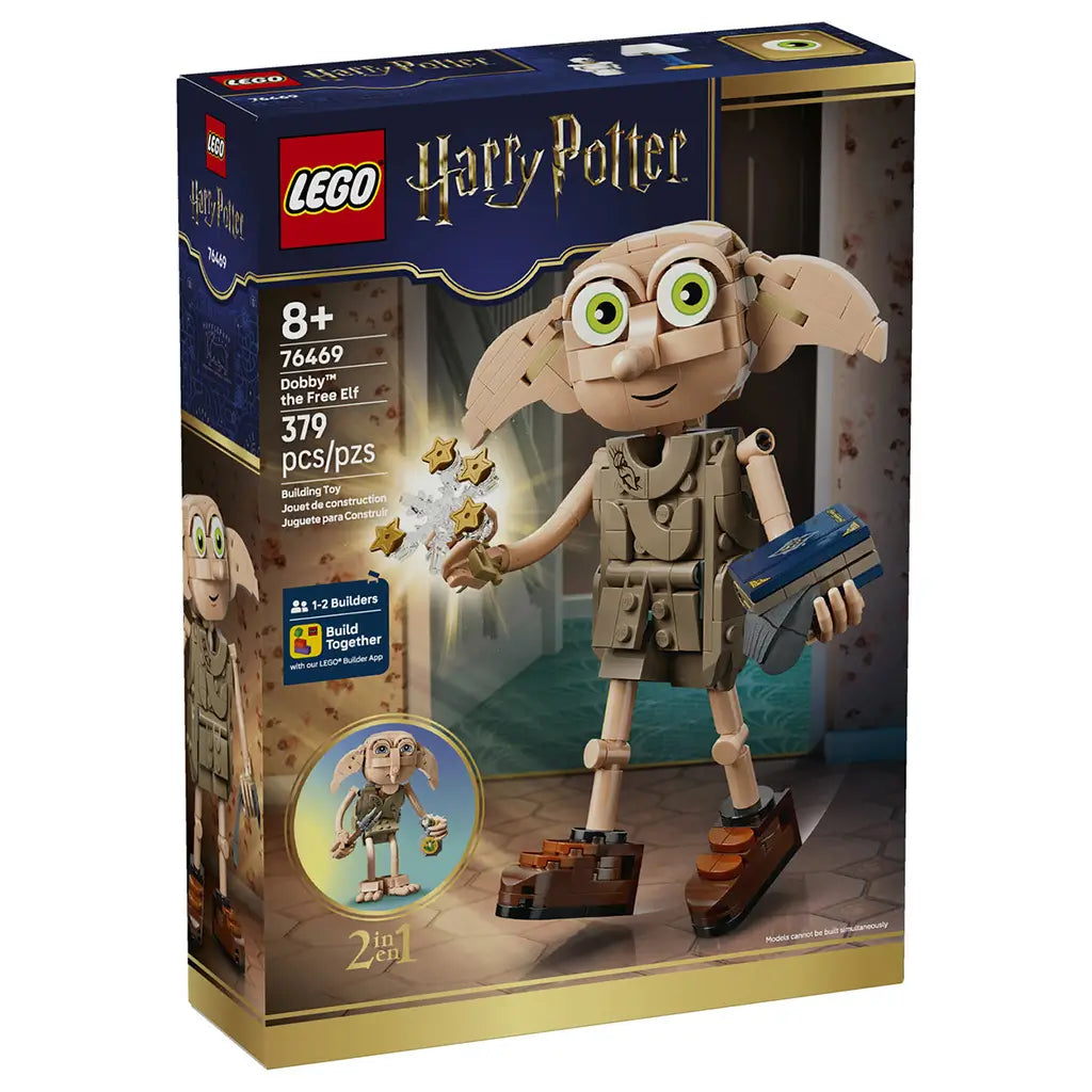 LEGO Harry Potter Dobby the Free Elf set 76469 box front in navy and gold, featuring the tan 379-piece Dobby figure with green eyes, brown shoes, star effects and blue book.