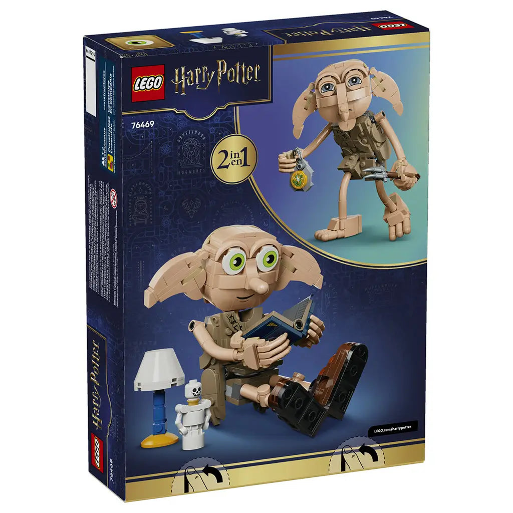 LEGO Harry Potter Dobby the Free Elf set 76469 box back in navy and gold, showing two build options for the tan Dobby figure with a blue book, lamp, skeleton and accessories.