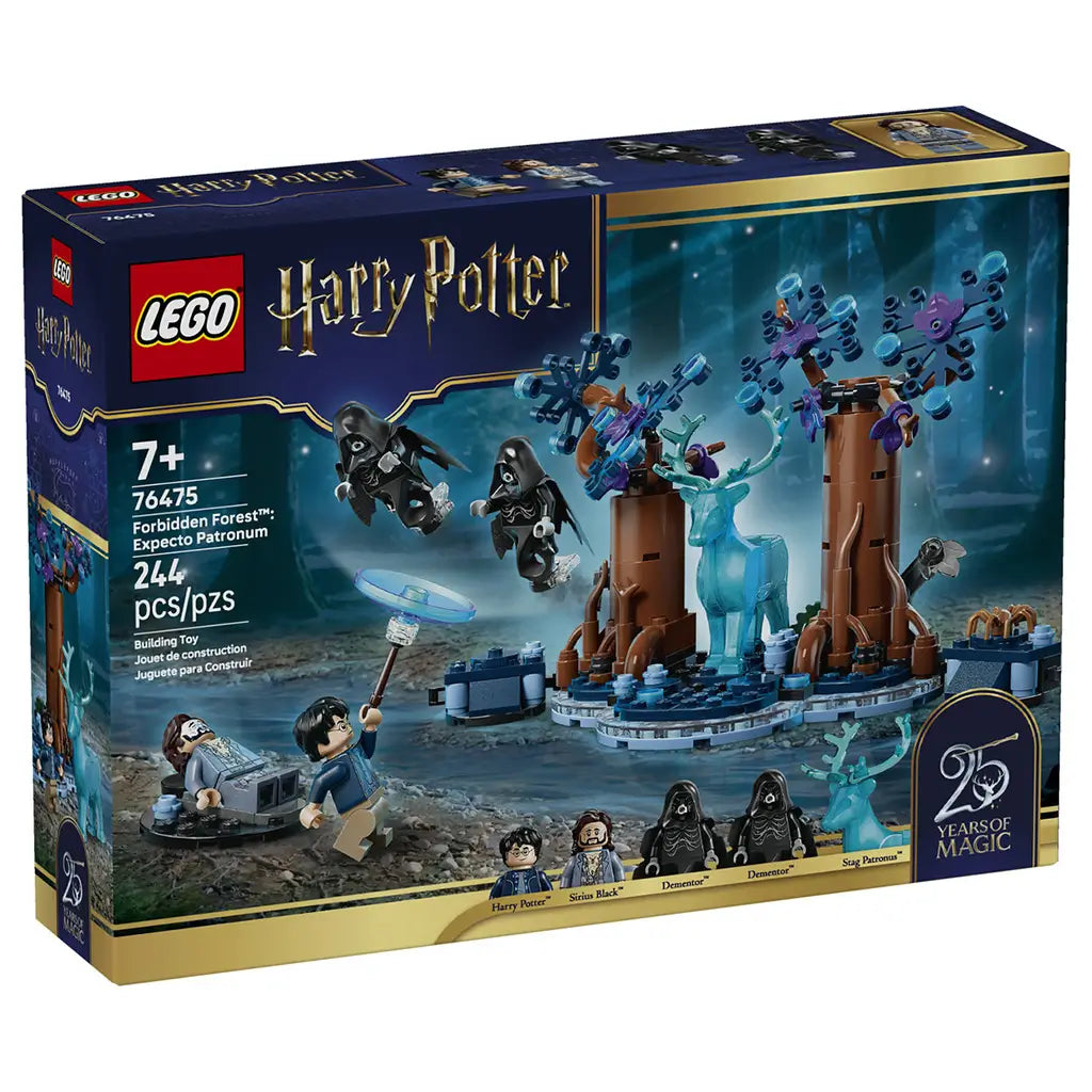 LEGO Harry Potter Forbidden Forest 76475 box front shows the 244-piece dark forest scene with brown trees, blue stag Patronus, two Dementors, Harry Potter, and Sirius Black.