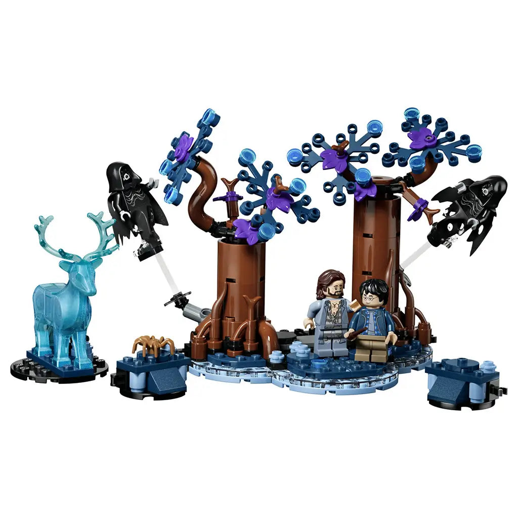 LEGO Harry Potter Forbidden Forest set in brown, dark blue, and translucent blue bricks features two trees, a stag Patronus, Dementors, Harry Potter, and Sirius Black.