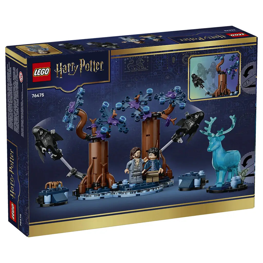 LEGO Harry Potter Forbidden Forest 76475 package back shows brown trees with blue branches, two Dementors, Harry Potter, Sirius Black, and a translucent blue stag Patronus.