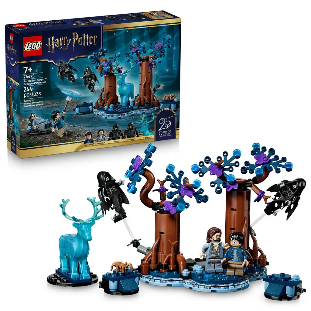 LEGO Harry Potter Forbidden Forest 76475 pairs the 244-piece set with dark blue packaging, showing brown trees, a blue stag Patronus, Dementors, Harry, and Sirius.