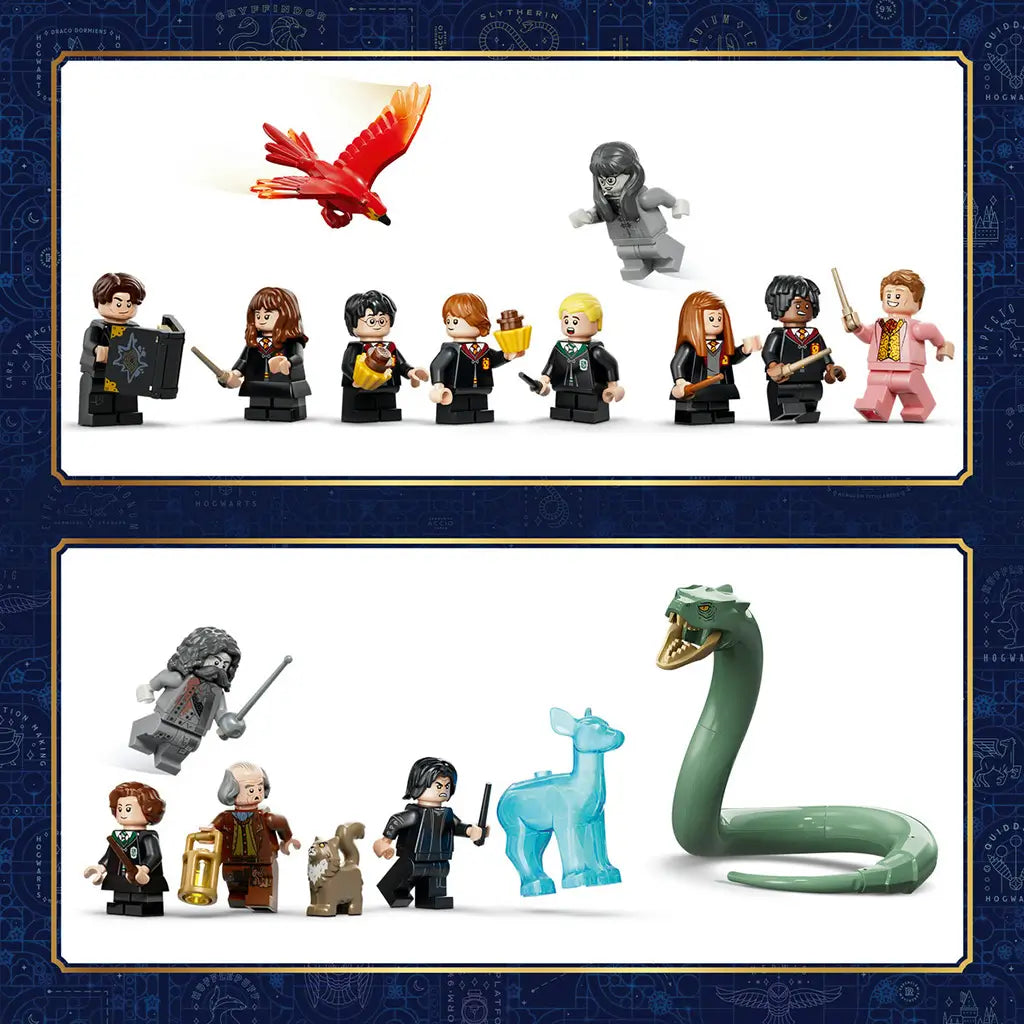 LEGO Harry Potter minifigures and creatures from Hogwarts Castle East Wing include students, professors, a red phoenix, gray ghosts, blue Patronus, and green basilisk.