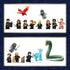 LEGO Harry Potter minifigures and creatures from Hogwarts Castle East Wing include students, professors, a red phoenix, gray ghosts, blue Patronus, and green basilisk.