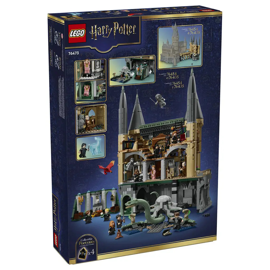 LEGO Harry Potter Hogwarts Castle East Wing 76473 package back shows the tan castle interior, gray towers, green basilisk, minifigures, play features, and modular connections.