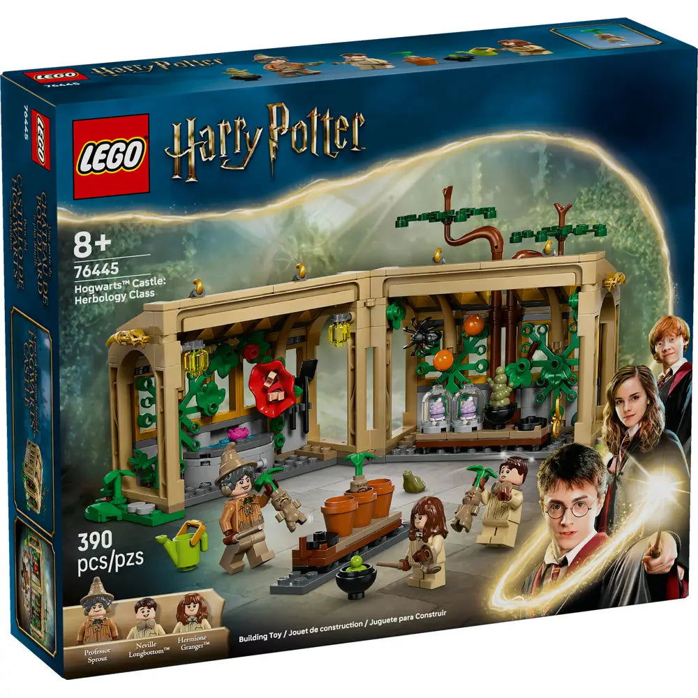 LEGO Harry Potter Herbology Class box front displays blue packaging with tan greenhouse set, Professor Sprout, Hermione, Neville and magical plants before a Hogwarts themed background with detailed LEGO elements and realistic display presentation.