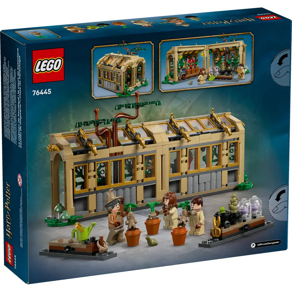 LEGO Harry Potter Herbology Class box back shows blue packaging with tan greenhouse model, play features, minifigures and build examples against a magical forest backdrop with detailed LEGO elements and realistic display presentation.